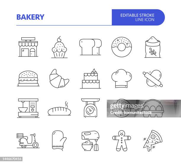 illustrazioni stock, clip art, cartoni animati e icone di tendenza di set di icone vettoriali di linea correlate alla panetteria. tratto modificabile. pane, croissant, torta, chef, dessert. - panetteria