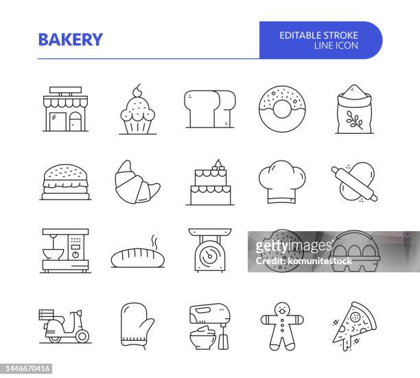 bakery related line vector icon set. editable stroke. bread, croissant, cake, chef, dessert. - flour stock illustrations