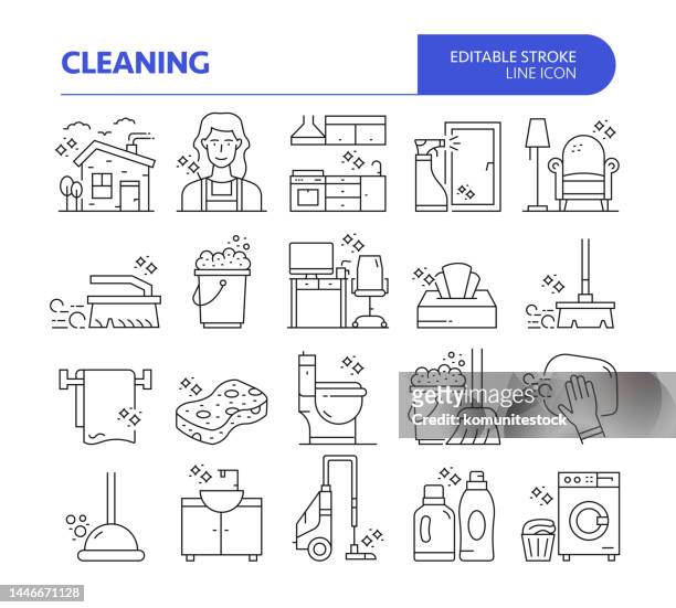 cleaning related line vector icon set. editable stroke. maid, cleaning, office, house, daily routine. - housekeeping icon stock illustrations