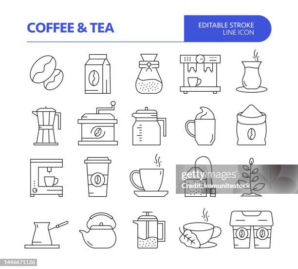 coffee and tea related line vector icon set. editable stroke. coffee bean, coffee art, latte, americano, coffee shop. - latte art stock illustrations