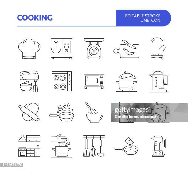 cooking related line vector icon set. editable stroke. chef, kitchen, cooking pan, preparing food. - cookbook icons stock illustrations
