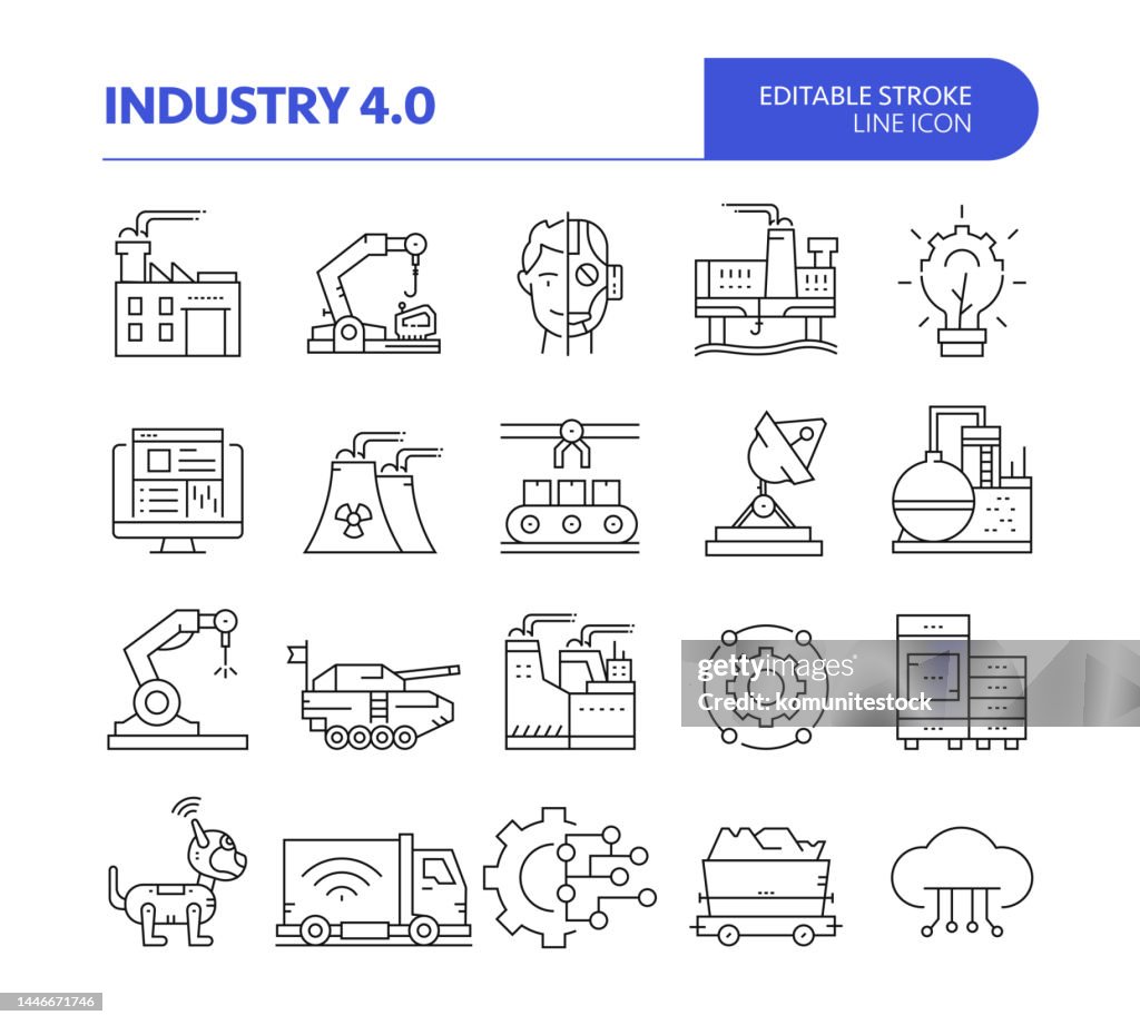 Industry 4.0 Related Line Vector Icon Set. Editable Stroke. Machine Learning, Robotics, Artificial Intelligence, Cobot