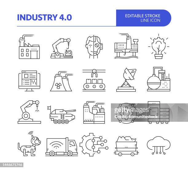 industry 4.0 related line vector icon set. editable stroke. machine learning, robotics, artificial intelligence, cobot - revolution icon stock illustrations