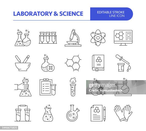 illustrations, cliparts, dessins animés et icônes de jeu d’icônes de vecteur de ligne lié au laboratoire et à la science. trait modifiable. recherche, analyse, chimie, biologie. - laboratoire