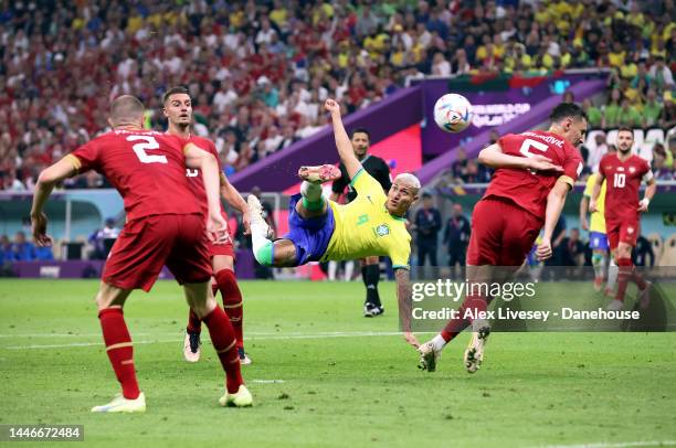 Richarlison of Brazil scores his side's second goal with an overhead kick during the FIFA World Cup Qatar 2022 Group G match between Brazil and...