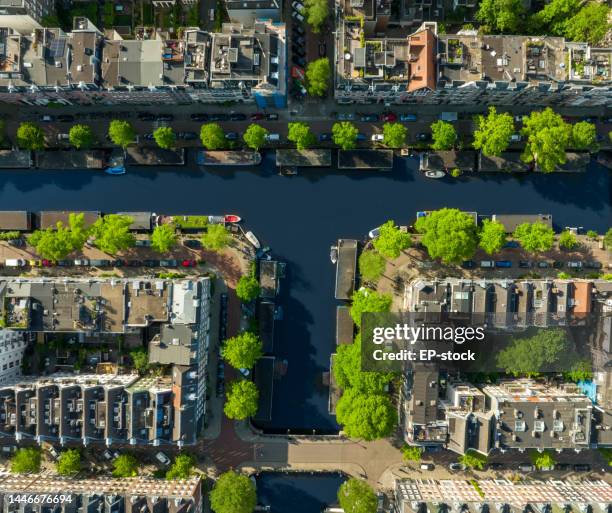 aerial view of amsterdam oud-west streets, canals and apartments - amsterdam aerial stock pictures, royalty-free photos & images