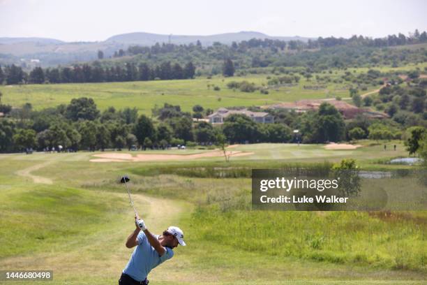 Clement Sordet of France plays his tee shot on the 15th hole during Day Four of the Investec South African Open Championship at Blair Atholl Golf &...