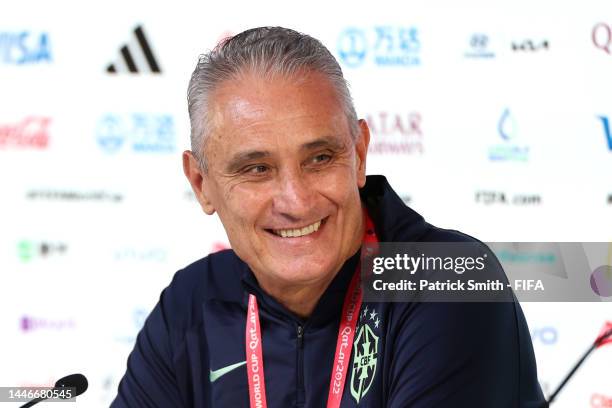 Adenor Leonardo Bacchi, Head Coach of Brazil, reacts during the Brazil match day -1 Press Conference at Main Media Center on December 04, 2022 in...