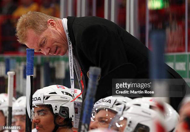 Roy Johansen, head coach of Norway gives instructions during the IIHF World Championship quarter final match between Russia and Norway at Ericsson...