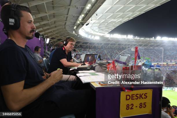 Commentator Bela Rethy and TC Expert Sandro Wagner during the FIFA World Cup Qatar 2022 Group G match between Serbia and Switzerland at Stadium 974...