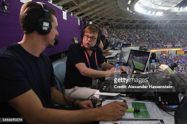 Commentator Bela Rethy and TC Expert Sandro Wagner during the FIFA World Cup Qatar 2022 Group G match between Serbia and Switzerland at Stadium 974...