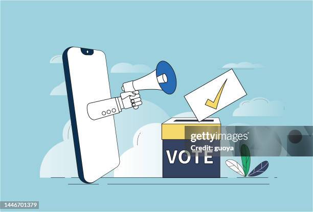 ballot boxes, loudspeakers, mobile phones, mobile phone voting elections. - online voting stock illustrations