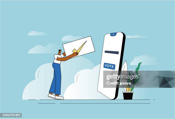 men vote with mobile phones, mobile voting elections. - register stock illustrations