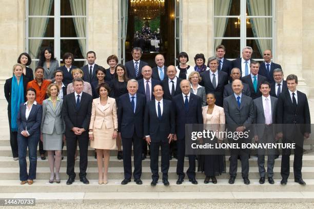 Family photo newly appointed French government taken on May 17, 2012 at the Elysee Palace in Paris. From top - JM for Junior Minister and M for...