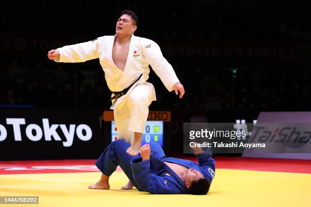 Hyoga Ota of Japan reacts after defeating Kokoro Kageura of Japan in the Men’s + 100kg Final on day two of the Judo Grand Slam at Tokyo Metropolitan...