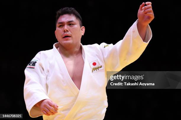 Hyoga Ota of Japan reacts after defeating Kokoro Kageura of Japan in the Men’s + 100kg Final on day two of the Judo Grand Slam at Tokyo Metropolitan...