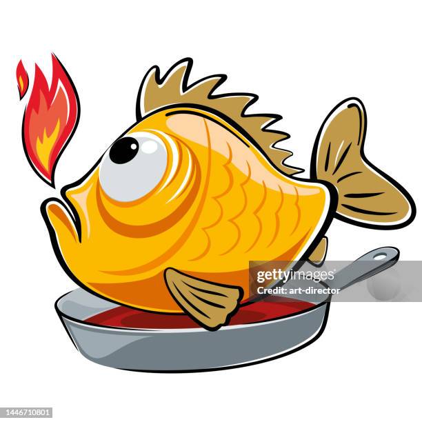 the fish is fried in a pan. cook fish. fish in a pan. fried fish. - fried fish stock illustrations