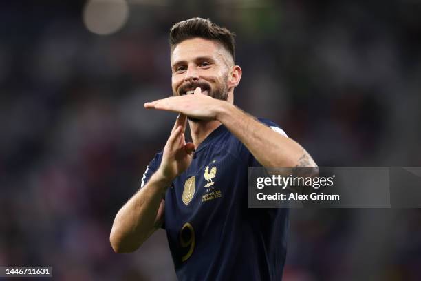 Olivier Giroud of France celebrates after scoring the team's first goal during the FIFA World Cup Qatar 2022 Round of 16 match between France and...