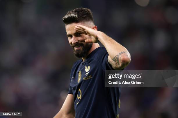 Olivier Giroud of France celebrates after scoring the team's first goal during the FIFA World Cup Qatar 2022 Round of 16 match between France and...