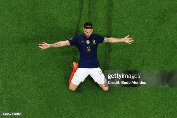 Olivier Giroud of France celebrates after scoring the team's first goal during the FIFA World Cup Qatar 2022 Round of 16 match between France and...