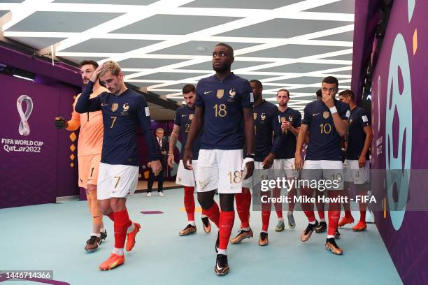 Antoine Griezmann, Dayot Upamecano and France players walk out the tunnel before the second half during the FIFA World Cup Qatar 2022 Round of 16...