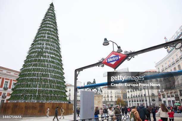 Christmas tree installed in the remodeled and pedestrianized Puerta del Sol, on December 4 in Madrid, Spain. On the occasion of the Constitution long...