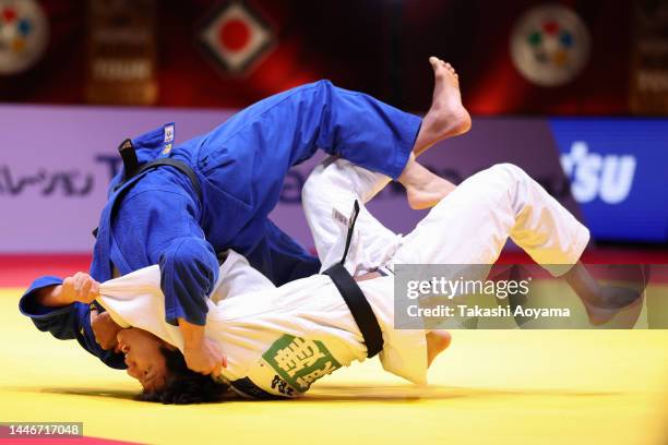 Maxime Gobert of France competes against Takeshi Takeoka of Japan in the Men’s - 66kg Bronze medal match on day two of the Judo Grand Slam at Tokyo...