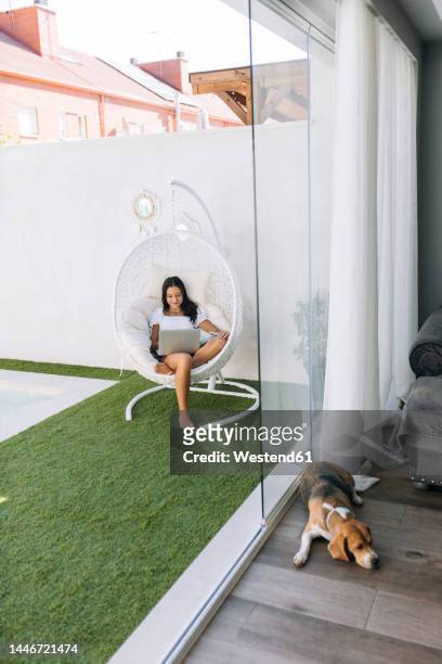 girl doing e-learning through laptop sitting on hanging chair - hanging chair stock pictures, royalty-free photos & images