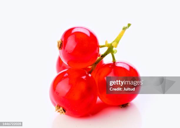 macro shot of three red currant on a white background - rode bes stockfoto's en -beelden