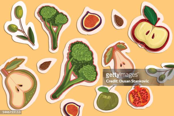 vegetarian food sticker collection - broccoli on white stock illustrations