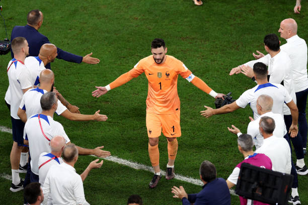 Hugo Lloris of France celebrates with teammates after the 3-1 win during the FIFA World Cup Qatar 2022 Round of 16 match between France and Poland at...