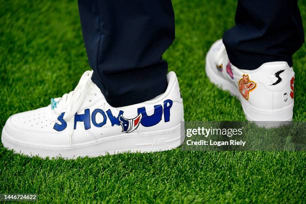 Shoes worn by head coach Lovie Smith of the Houston Texans during pregame against the Cleveland Browns at NRG Stadium on December 04, 2022 in...