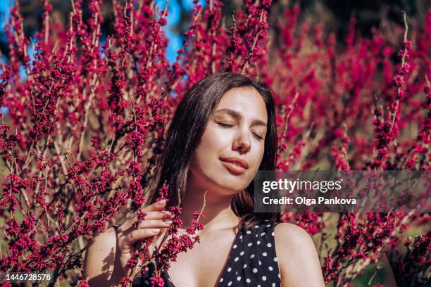 wistful young woman with eyes closed by maroon cercis flowers - árvore de judas - fotografias e filmes do acervo