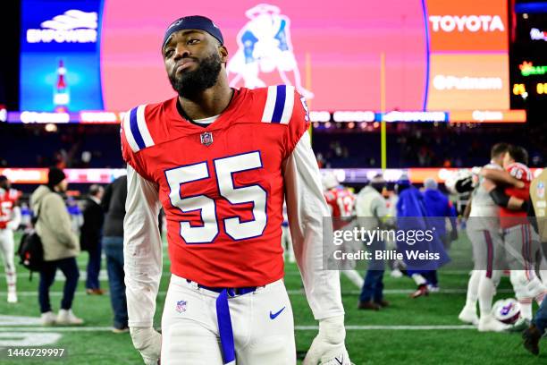 Josh Uche of the New England Patriots reacts after a game against the Buffalo Bills at Gillette Stadium on December 01, 2022 in Foxborough,...