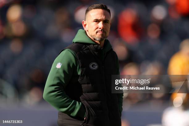 Head coach Matt LaFleur of the Green Bay Packers looks on before the game against the Chicago Bears at Soldier Field on December 04, 2022 in Chicago,...