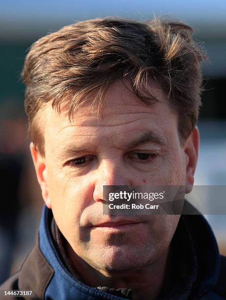 Trainer Graham Motion talks with the media after watching his horse Went the Day Well train in preparation for the 137th Preakness Stakes at Pimlico...