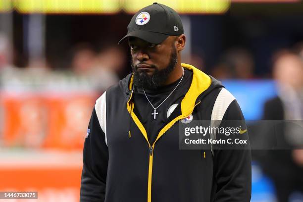 Head coach Mike Tomlin of the Pittsburgh Steelers looks on prior to a game against the Atlanta Falcons at Mercedes-Benz Stadium on December 04, 2022...