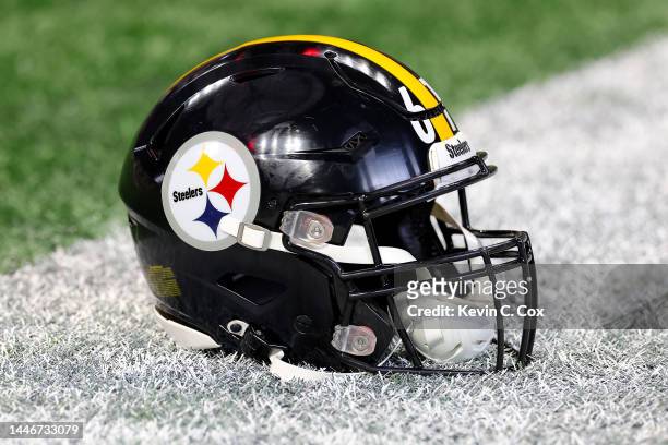 Detail shot of the helmet of Mason Cole of the Pittsburgh Steelers before the game against the Atlanta Falcons at Mercedes-Benz Stadium on December...