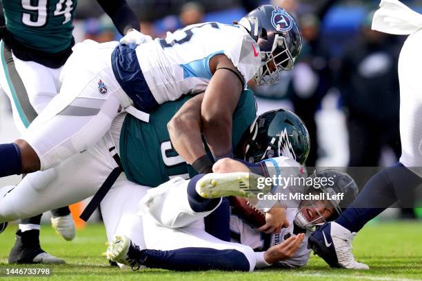 Ryan Tannehill of the Tennessee Titans gets sacked in the first quarter of game against the Philadelphia Eagles at Lincoln Financial Field on...