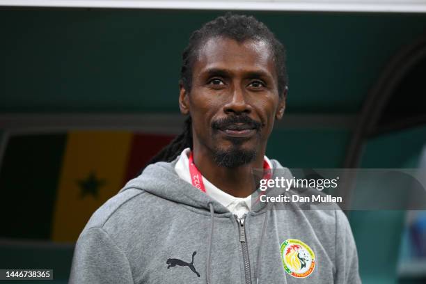 Aliou Cisse, Head Coach of Senegal, looks on prior to the FIFA World Cup Qatar 2022 Round of 16 match between England and Senegal at Al Bayt Stadium...