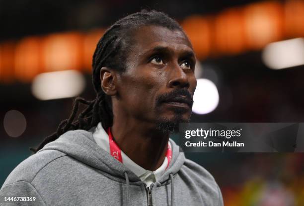 Aliou Cisse, Head Coach of Senegal, looks on prior to the FIFA World Cup Qatar 2022 Round of 16 match between England and Senegal at Al Bayt Stadium...