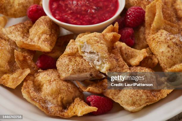 cream cheese stuffed cinnamon and sugar wonton with a raspberry compote - fried dough stock pictures, royalty-free photos & images