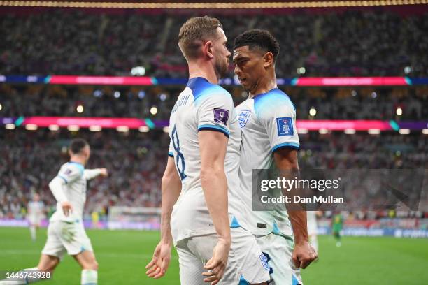 Jordan Henderson of England celebrates after scoring the team's first goal during the FIFA World Cup Qatar 2022 Round of 16 match between England and...