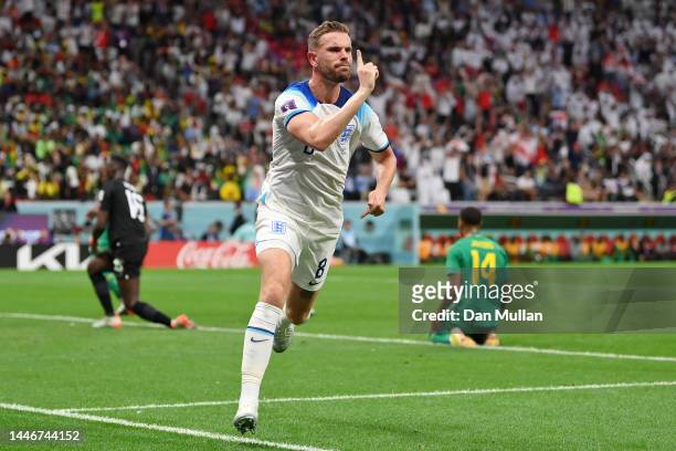 Jordan Henderson of England celebrates after scoring the team's first goal during the FIFA World Cup Qatar 2022 Round of 16 match between England and...