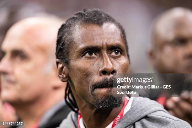 Aliou Cisse of Senegal looks on during the FIFA World Cup Qatar 2022 Round of 16 match between England and Senegal at Al Bayt Stadium on December 04,...