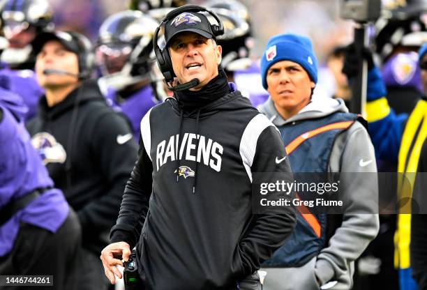 Head coach John Harbaugh of the Baltimore Ravens looks on in the second quarter of a game against the Denver Broncos at M&T Bank Stadium on December...