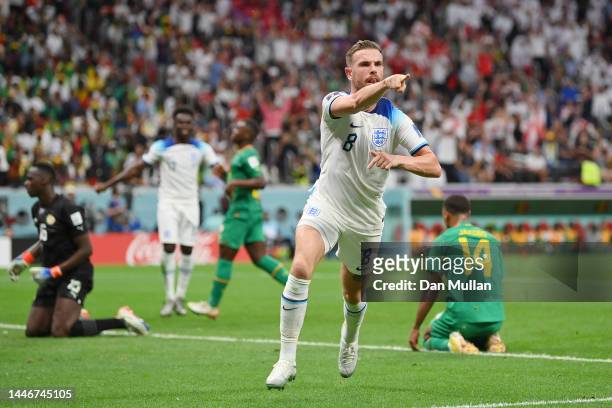 Jordan Henderson of England celebrates after scoring the team's first goal during the FIFA World Cup Qatar 2022 Round of 16 match between England and...
