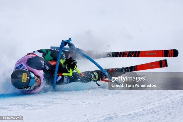 Giovanni Franzoni of Team Italy crashes while skiing the Birds of Prey race course during the Audi FIS Alpine Ski World Cup Men's Super G race at...