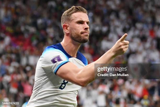 Jordan Henderson of England celebrates after scoring the team's first goal during the FIFA World Cup Qatar 2022 Round of 16 match between England and...