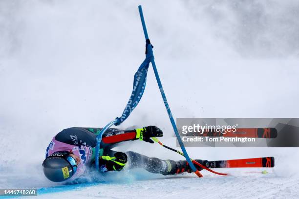 Giovanni Franzoni of Team Italy crashes while skiing the Birds of Prey race course during the Audi FIS Alpine Ski World Cup Men's Super G race at...